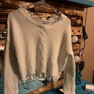 Elegant Frayed Hem White Sweater